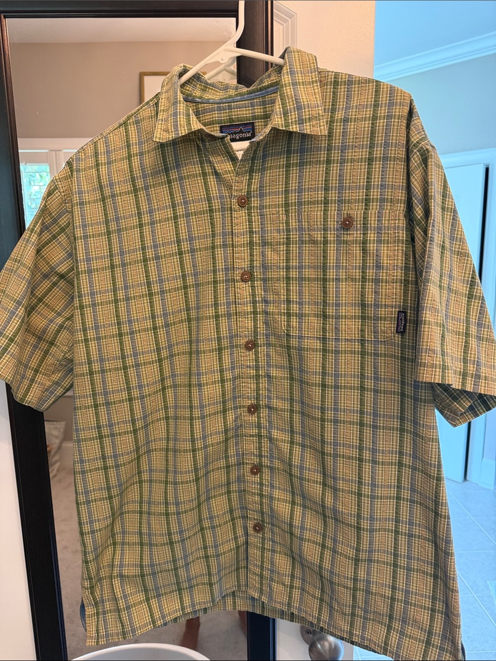 Patagonia Short-Sleeve Plaid Button-Down Shirt — Yellow & Green